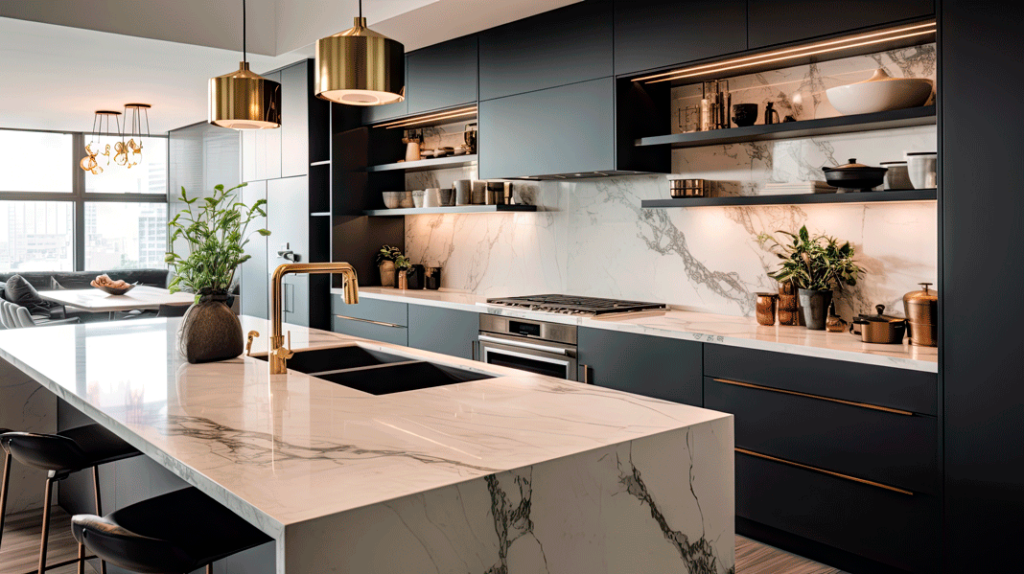 white waterfall edge kitchen island