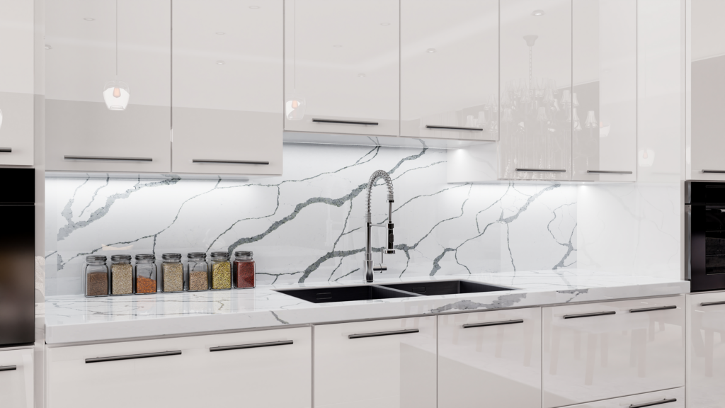 quartz counter and backsplash with white cabinets